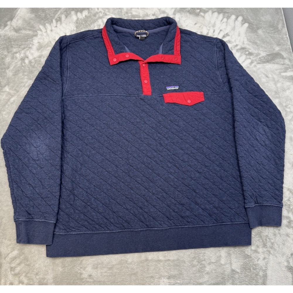 Patagonia Sweatshirt Mens 2XL Blue Quilted Snap T Pullover Sweater Distressed